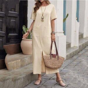 Women's cotton and linen solid color loose round neck short sleeve dress